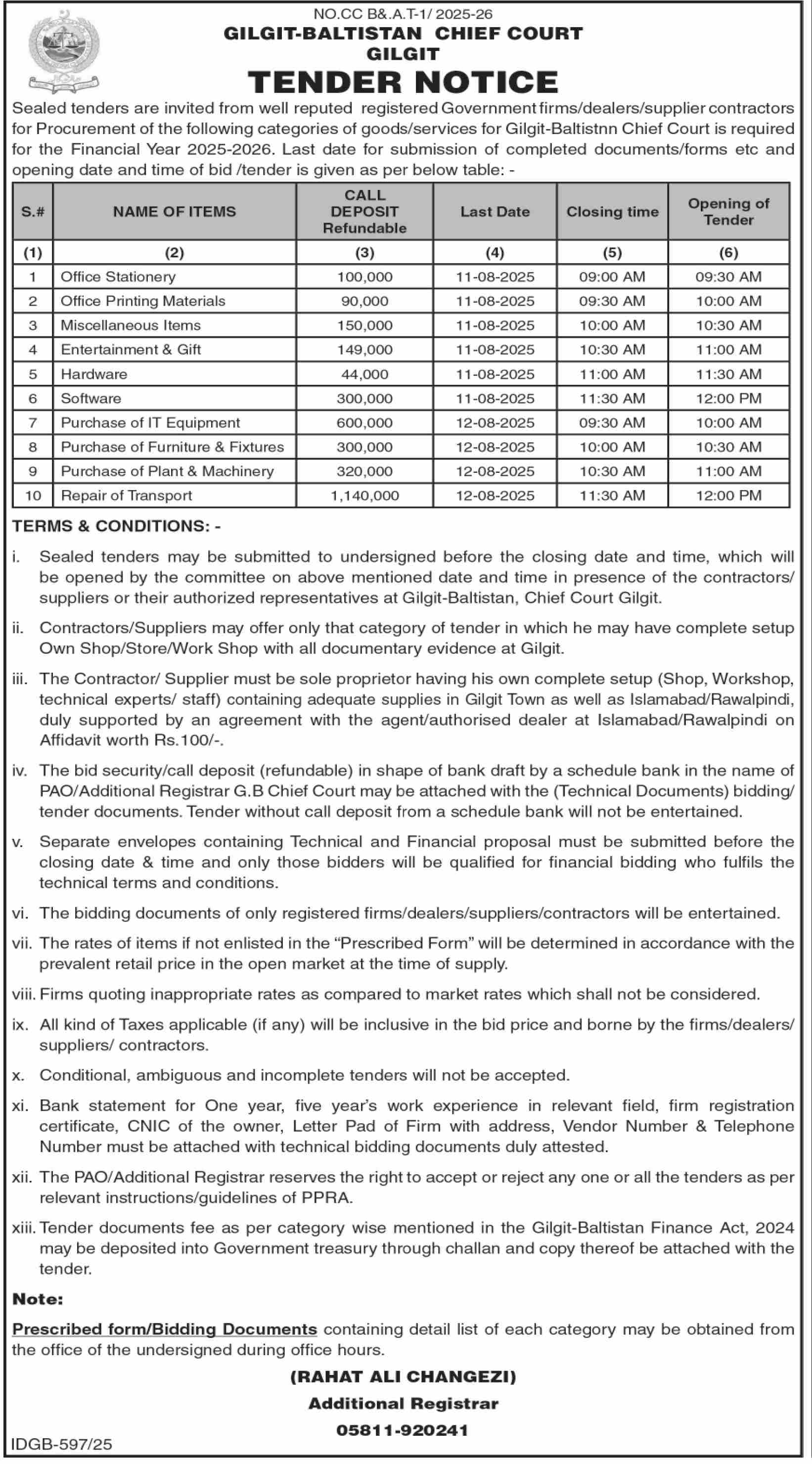 Gilgit Baltistan Chief Court Tender Notice